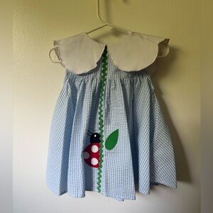 Blue Gingham Dress with Ladybug Applique